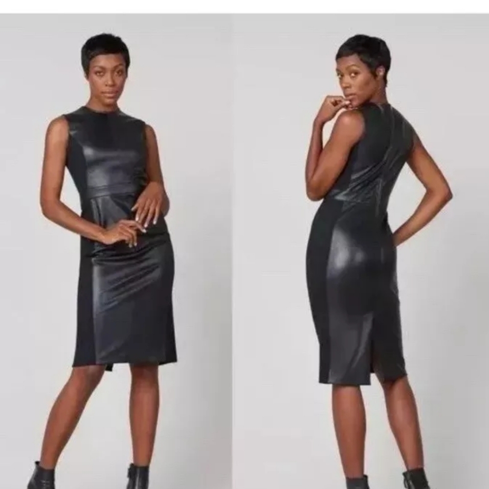SPANX Women's Black Leather Like Sleeveless Mixed Media Sheath Dress Size XL